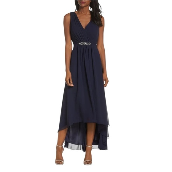 Eliza J Embellished High Low Chiffon Dress 10 Navy Blue - Picture 1 of 13